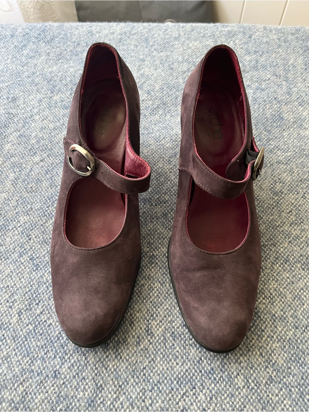 Arche Mary Jane Heels in Burgundy Suede with Silver Buckle